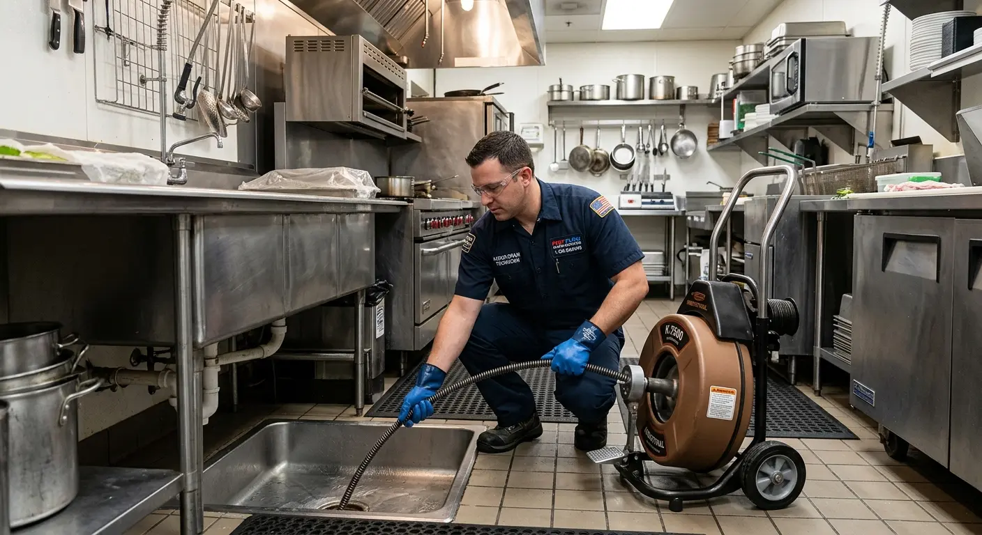 Commercial drain cleaning service in a restaurant kitchen in Morris