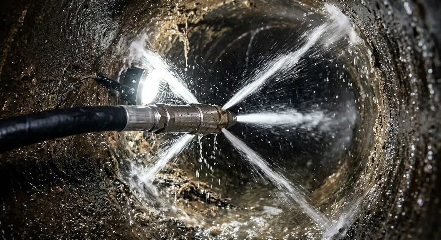 High-pressure hydro jetting nozzle cleaning sewer pipe for Emergency Drain Service in Morris