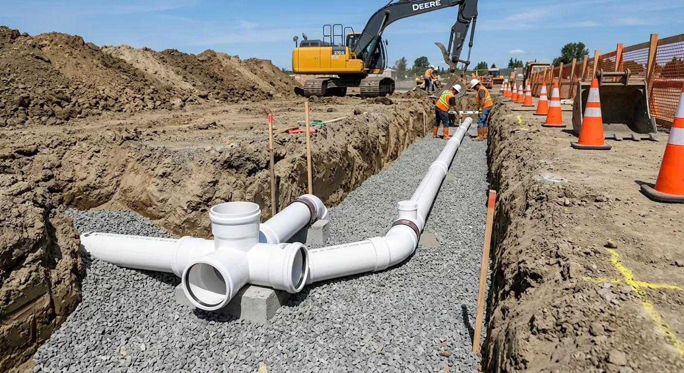 New PVC sewer pipe installation in open trench for Sewer Backup in Morris