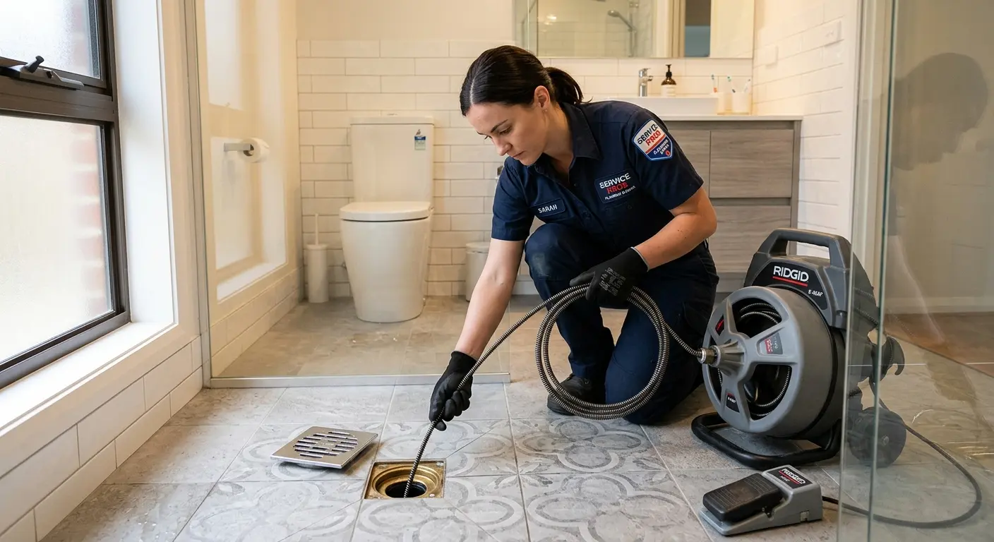 Technician clearing a bathroom floor drain for Sewer Line Replacement in Morris